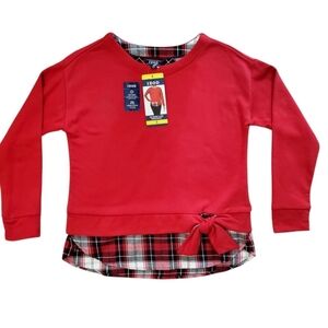 3/$18 Izod Womens Faux Layered Red Sweatshirt with Plaid Detail Lightweight NWT